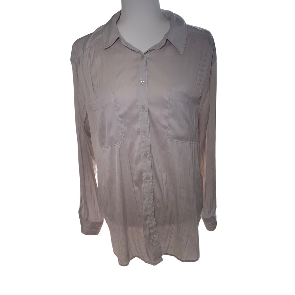 Anthropologie Pleated Button Down Shirt Beige Long Sleeve Satin Feel Size Large